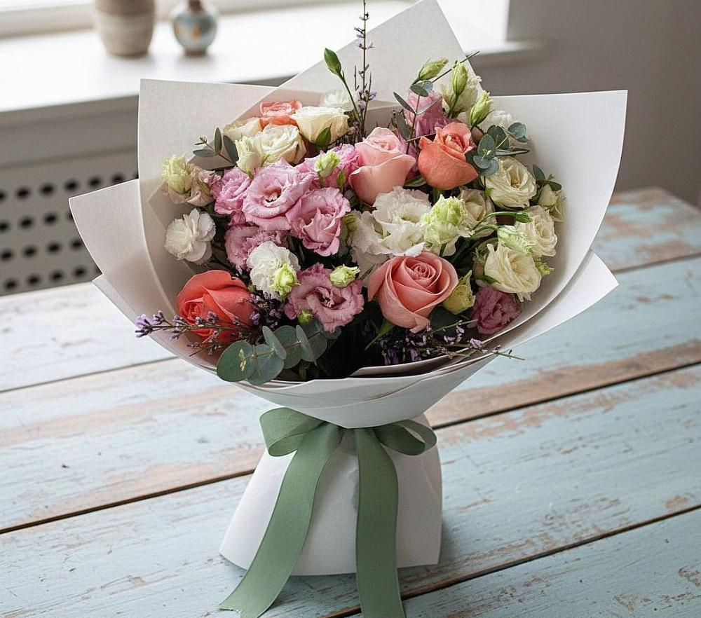 Букет цветов из: Розы, Лизиантусы и Гвоздики в Правдинском