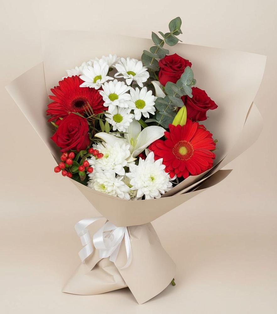 Букет цветов из: Розы, Хризантемы, Герберы и Лилии в Правдинском