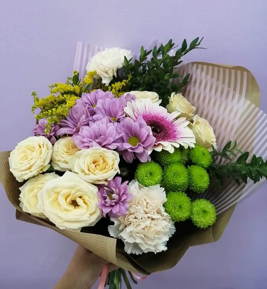 Букет цветов из: Хризантемы, Розы, Гвоздики и Герберы в Правдинском