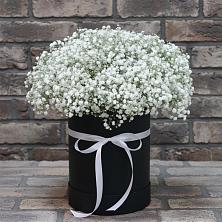 Цветочная композиция из Гипсофила в шляпной коробке в Правдинском