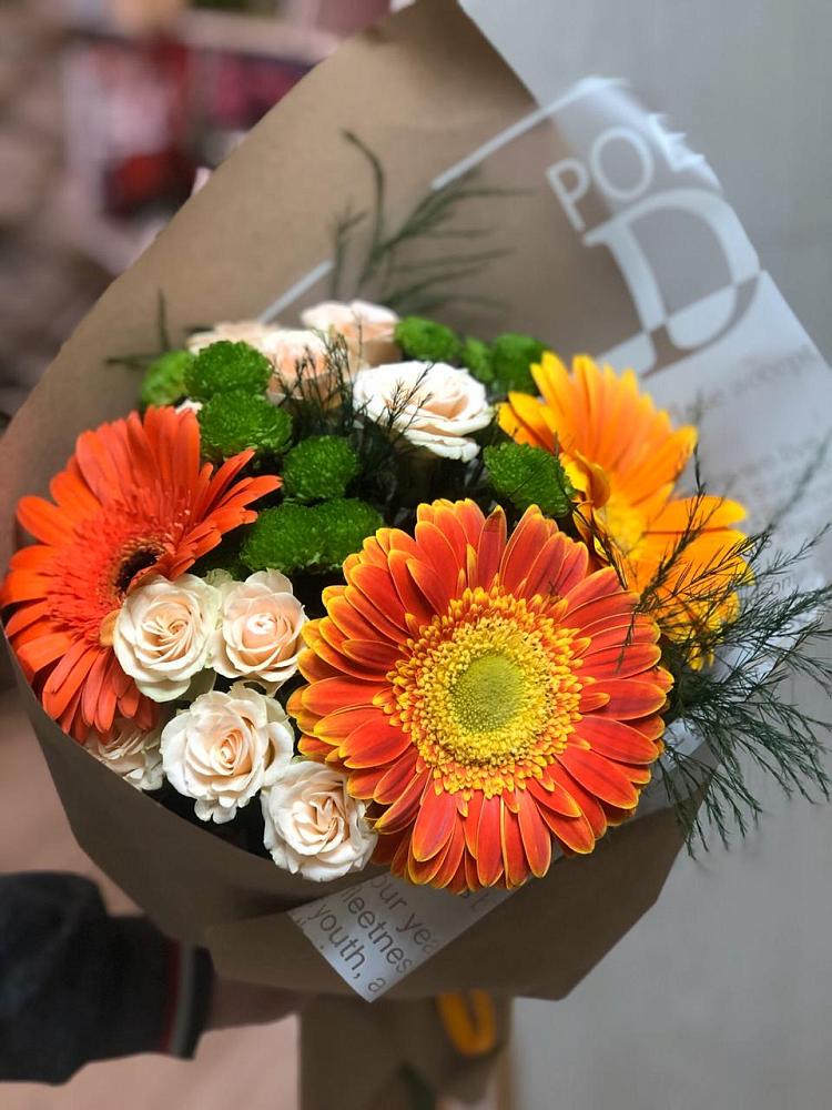 Букет цветов из: Герберы, Хризантемы и Розы в Правдинском